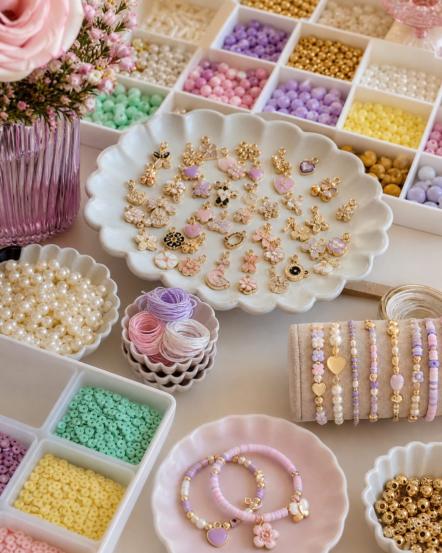 Pastel beads, gold charms and finished bracelets arranged for a creative event station.