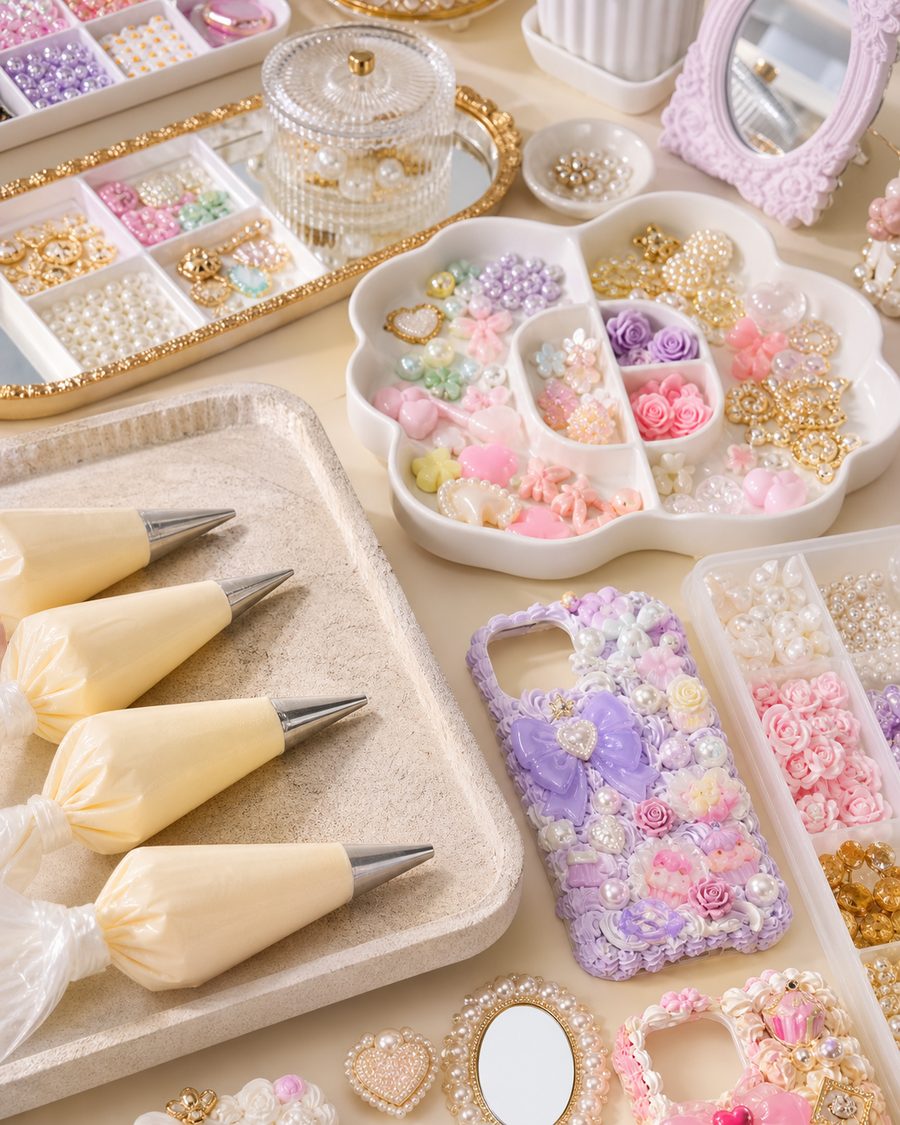 Decorative cream, pearls, charms and decoden accessories styled for a creative workshop.