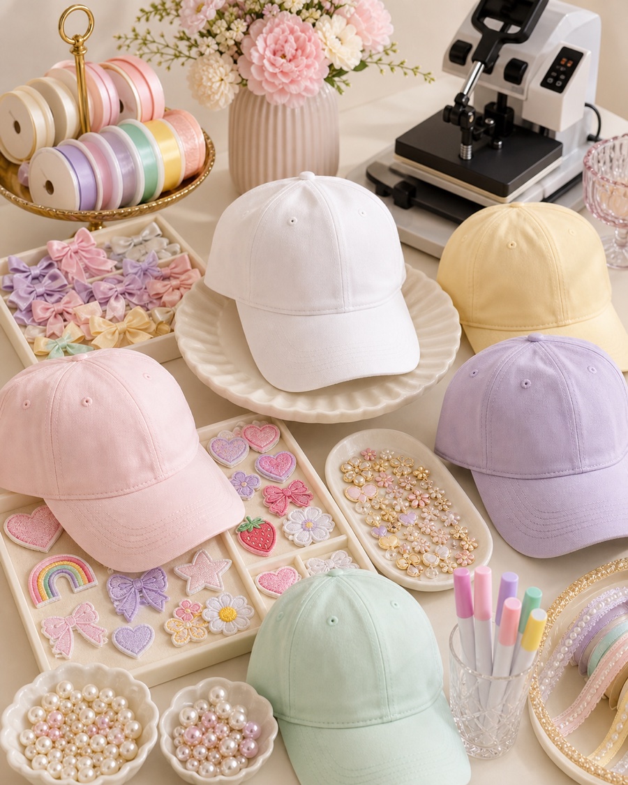 Pastel caps, embroidered patches, ribbons and pearls styled on a cream event table for a hat personalisation bar.