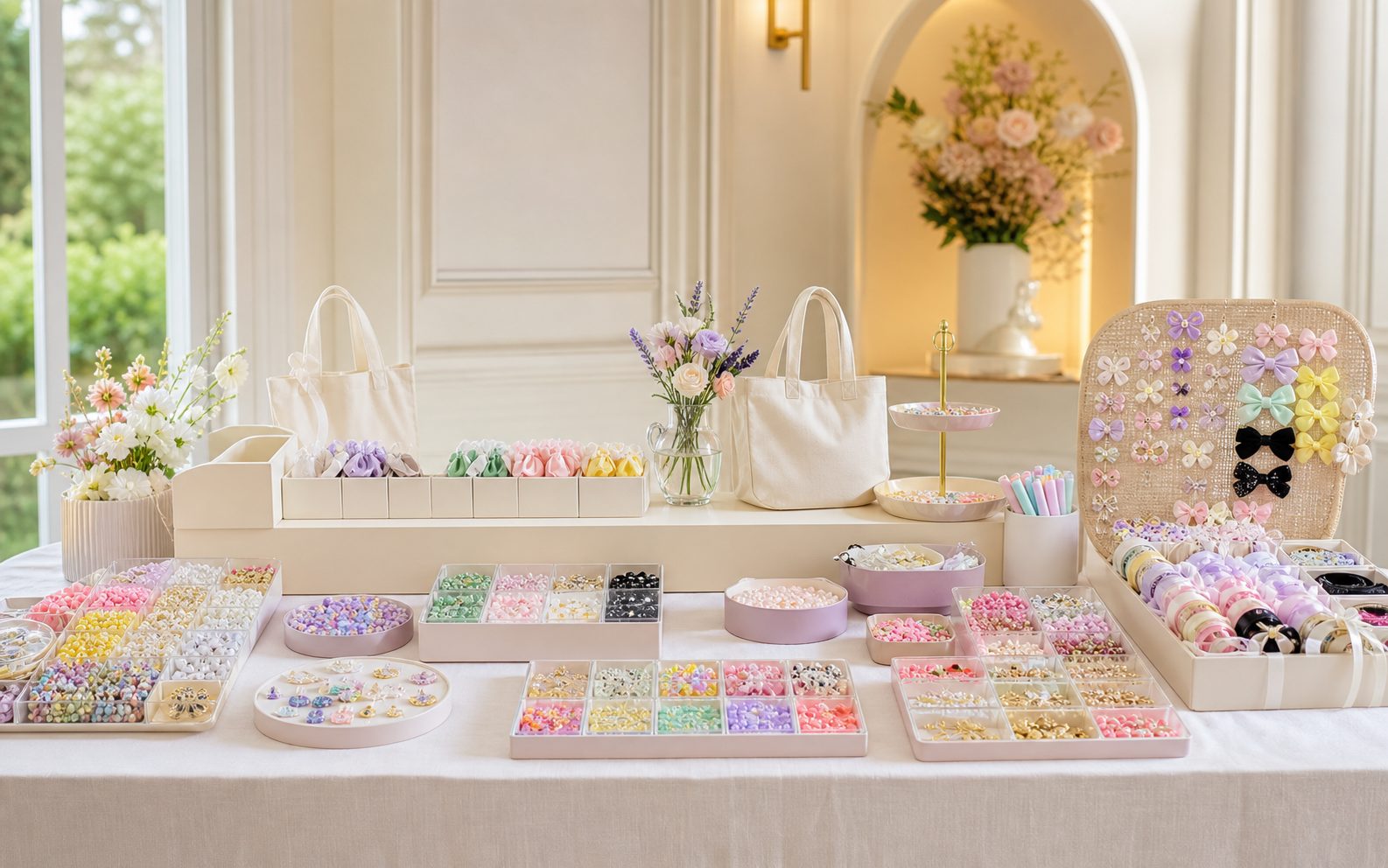 A premium pastel creative experience bar with beads, charms, tote bags and ribbons styled for an event.