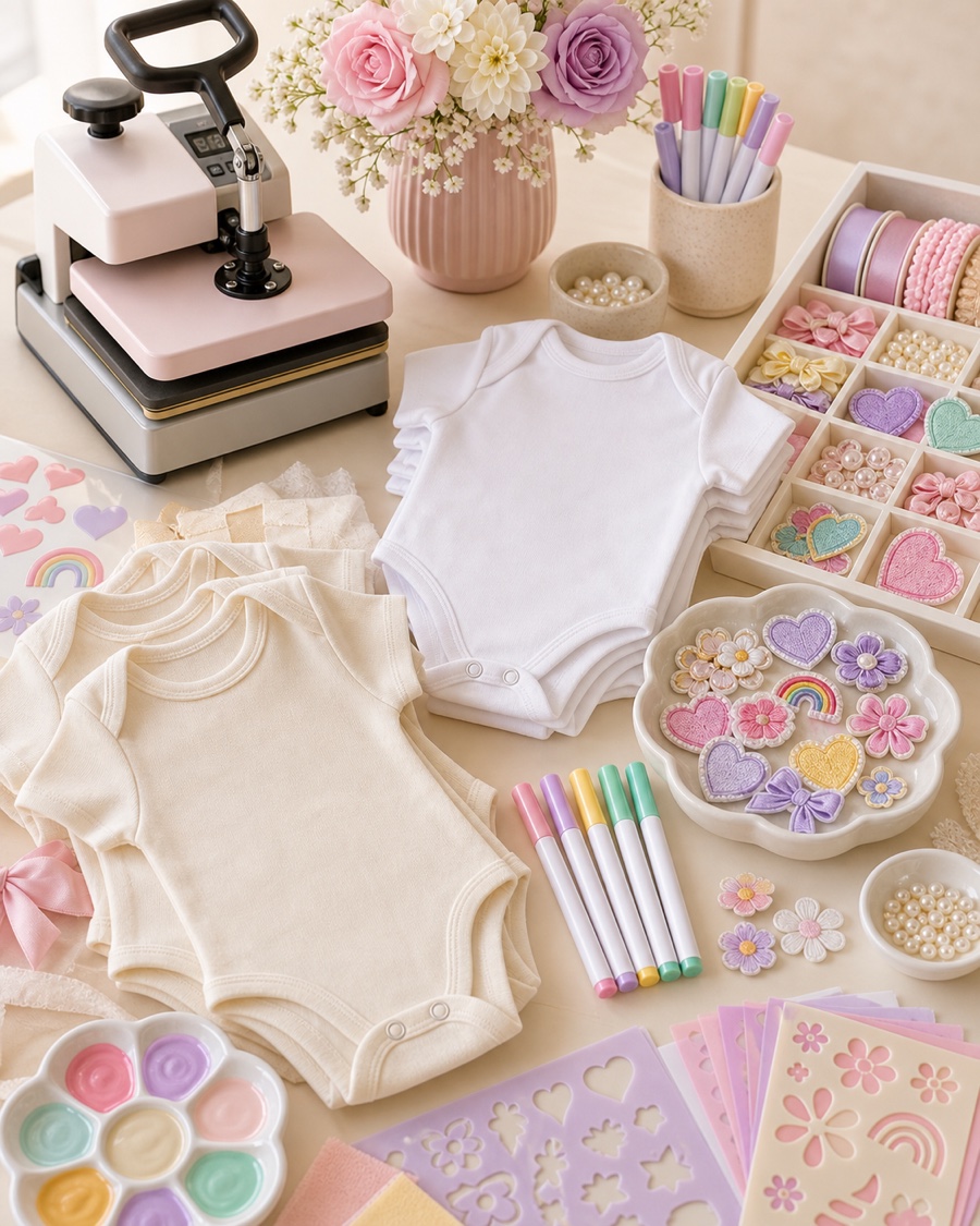 Blank baby bodysuits with pastel fabric pens, patches, stencils and ribbons arranged for a baby shower craft station.