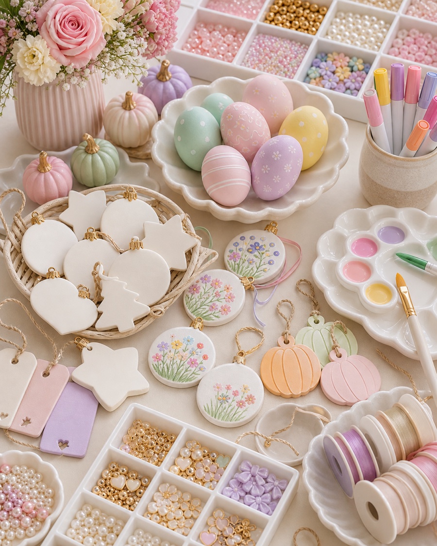 Seasonal ornaments, pastel eggs, painted pumpkins, ribbons and craft supplies styled as a premium seasonal craft bar.