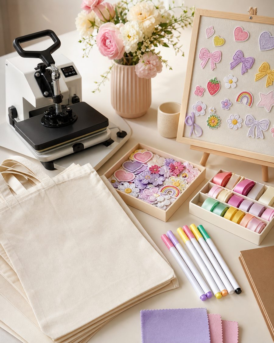 Canvas tote bags, patches, ribbons and fabric markers prepared on a cream event table.